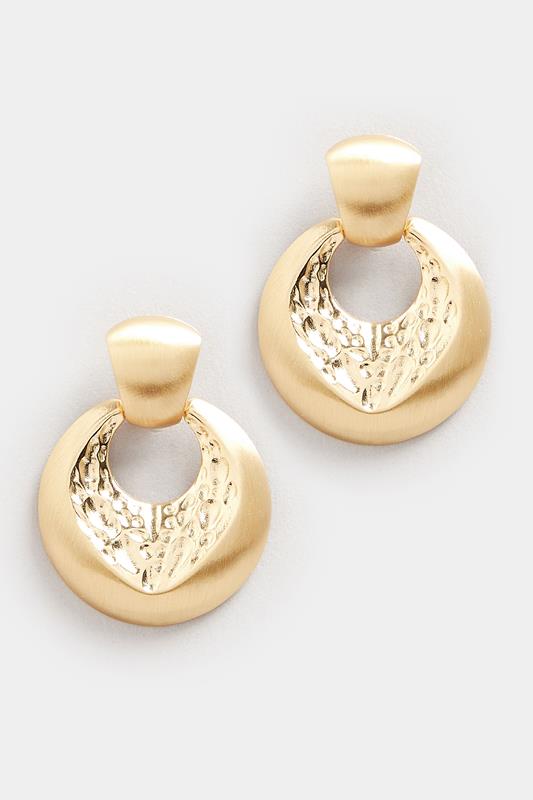 Gold Tone Textured Drop Hoop Earrings | Yours Clothing 1