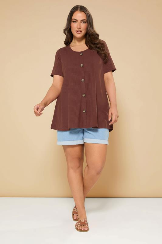 YOURS Plus Size Rust Orange Button Front Ribbed Swing Top | Yours Clothing 1