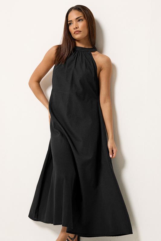 PixieGirl Petite Women's Black Linen Halter Neck Maxi Dress | PixieGirl 1