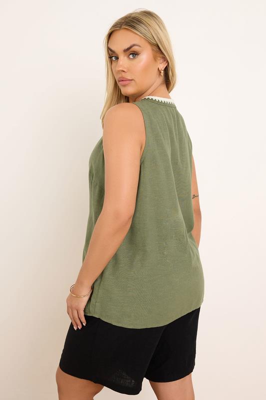 YOURS Plus Size Khaki Green Blanket Stitch Linen Vest Top | Yours Clothing 2