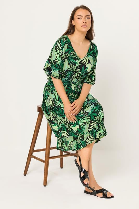 YOURS Plus Size Black Palm Leaf Crinkle Beach Dress | Yours Clothing 2