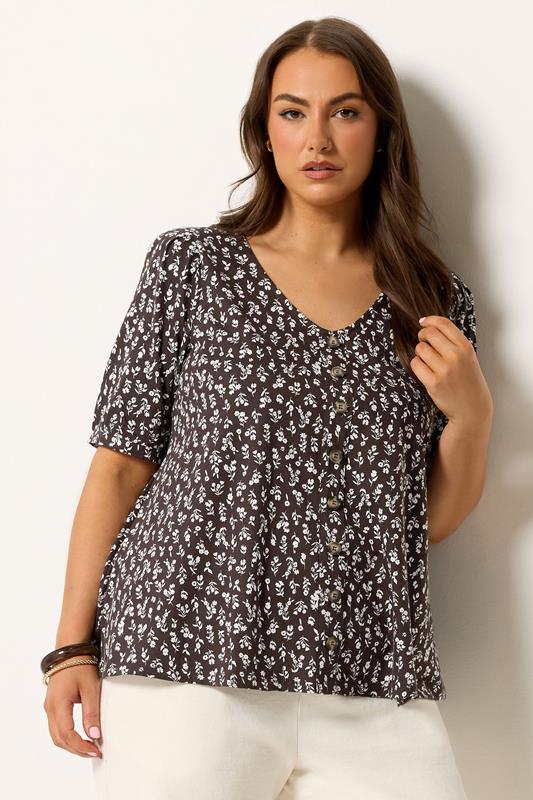 YOURS Curve Chocolate Brown Floral Button Front Top