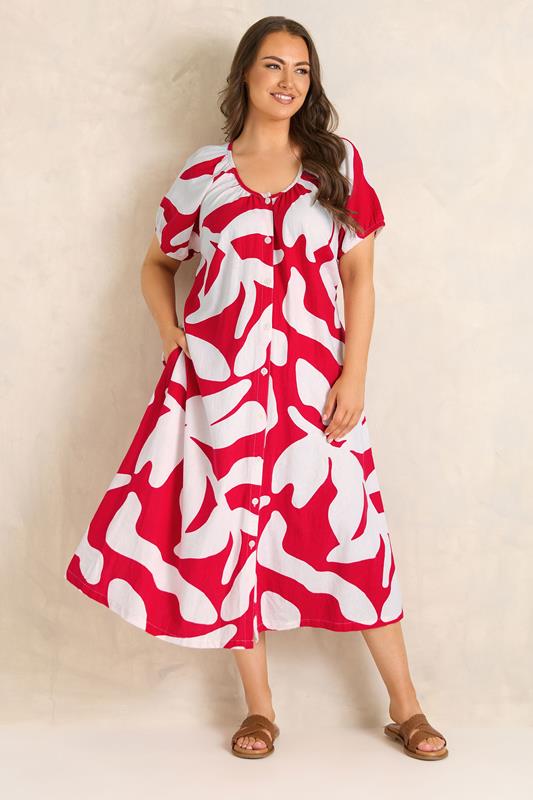 EVANS Plus Size Red Premium Linen Abstract Print Maxi Dress | Evans 2