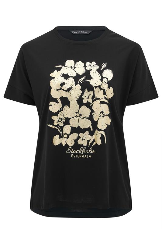 EVANS Plus Size Black & Gold Floral Foil Detail Modal Top | Evans 5