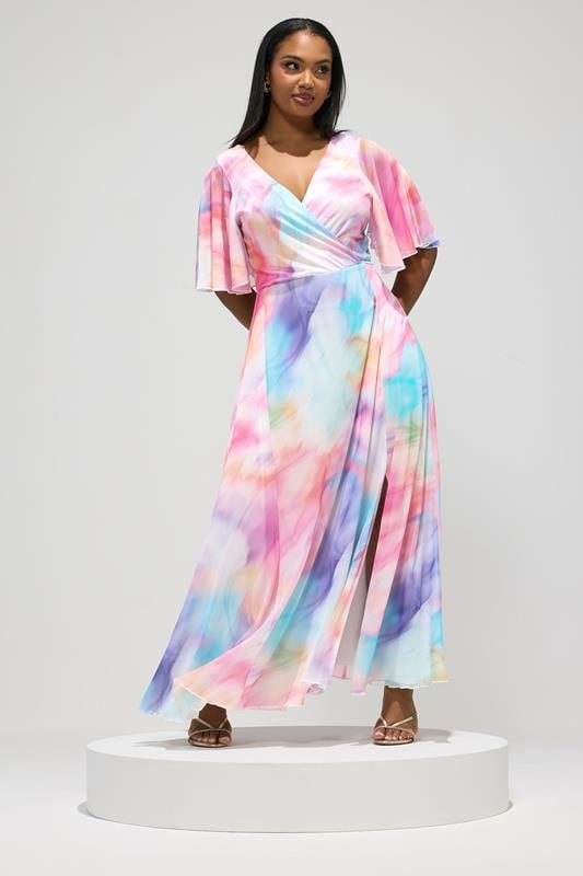  YOURS LONDON Curve Pink & Blue Blurred Abstract Wrap Dress