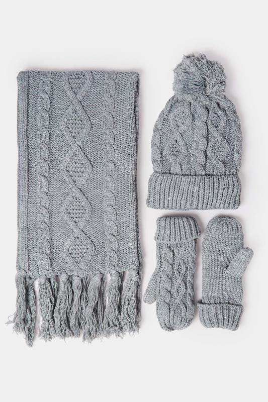 Grey Cable Knit Scarf Hat & Gloves Set 2