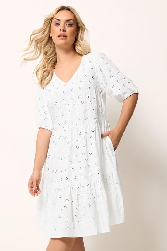 YOURS Curve White Broderie Anglaise Tiered Dress