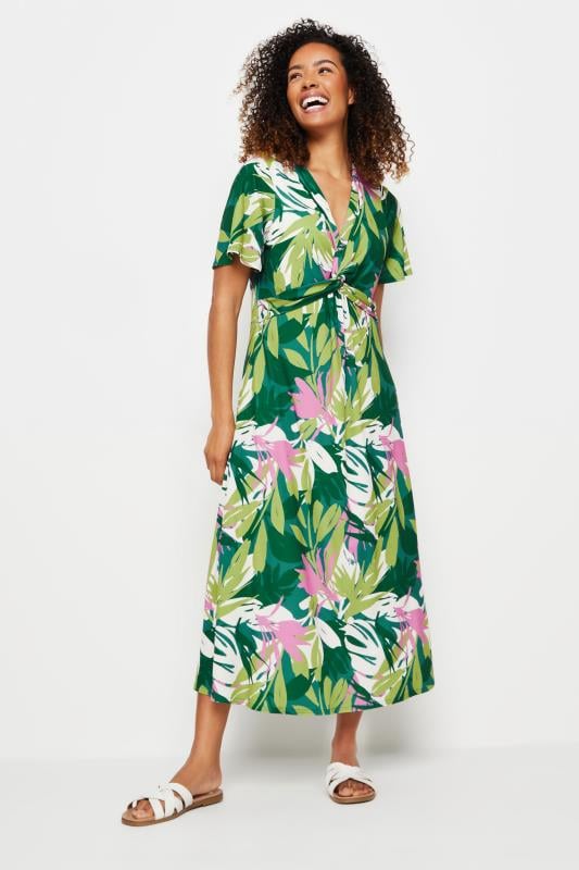 M&Co Green Tropical Print Twist Front Short Sleeve Dress | M&Co 1