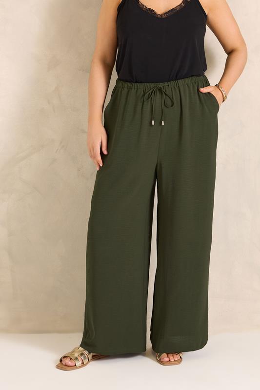 EVANS Curve Khaki Green Tie Waist Wide Leg Trousers
