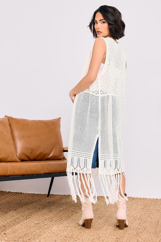 PixieGirl Petite Women's Ivory White Crochet Longline Waistcoat | PixieGirl 2