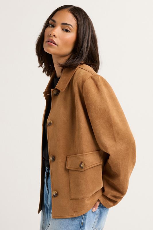 PixieGirl Petite Women's Camel Brown Suedette Patch Pocket Jacket | PixieGirl 1