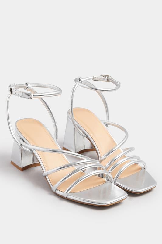 Silver Aysmmetric Strappy Block Heels In Standard Fit
