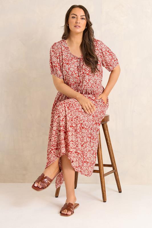 EVANS Plus Size Orange Ditsy Tie Neck Dress | Evans 2