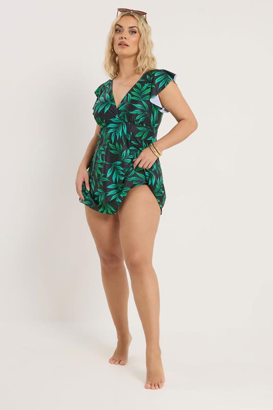 YOURS Plus Size Black Leaf Print Swimdress | Yours Clothing 2