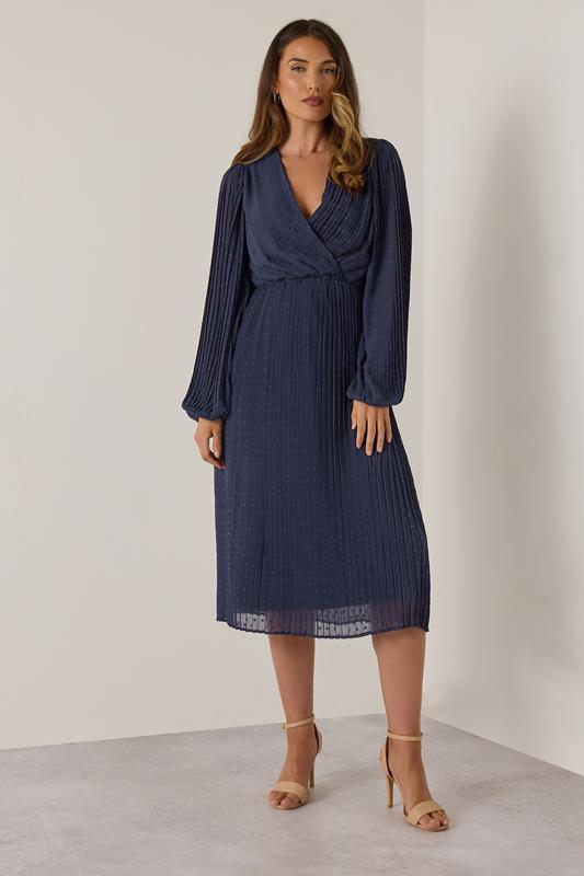 LTS Tall Navy Blue Chiffon Dobby Pleated Wrap Midi Dress | Long Tall Sally 1