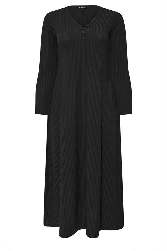 YOURS Plus Size Black Ribbed Henley Maxi Dress | Yours Clothing 5