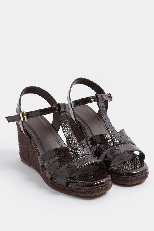  Yours Chocolate Brown Faux Leather Patent T-Bar Wedge Sandals In Wide E Fit