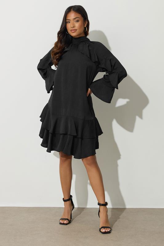 PixieGirl Petite Women's Black Hammered Satin Frill Smock Dress | PixieGirl 4