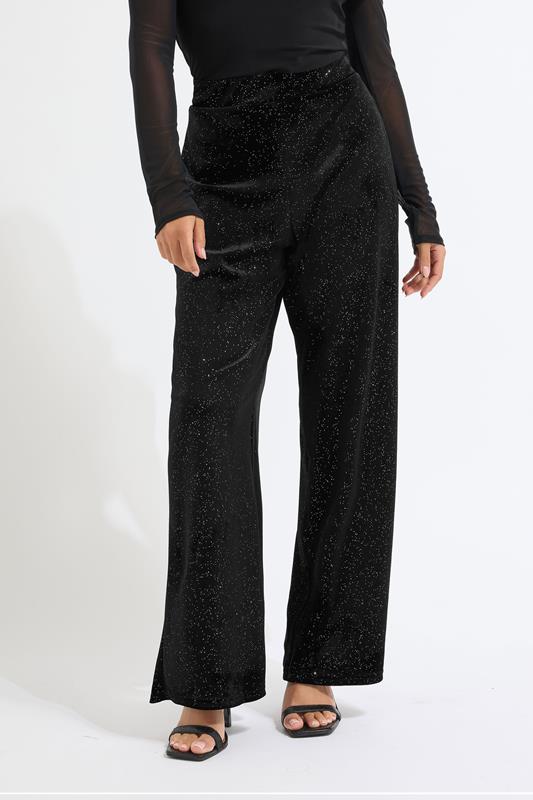 PixieGirl Petite Womens Black Velour Wide Leg Trousers | PixieGirl 1