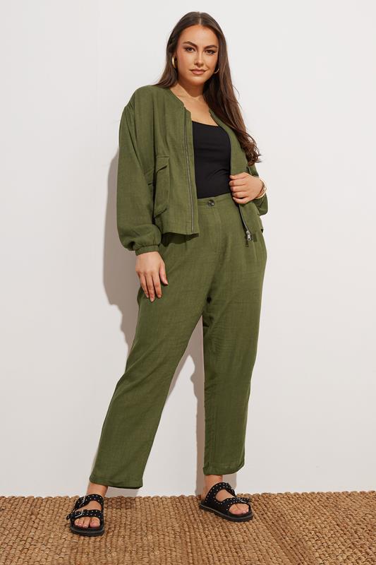YOURS Plus Size Khaki Green Linen Bomber Jacket | Yours Clothing 2