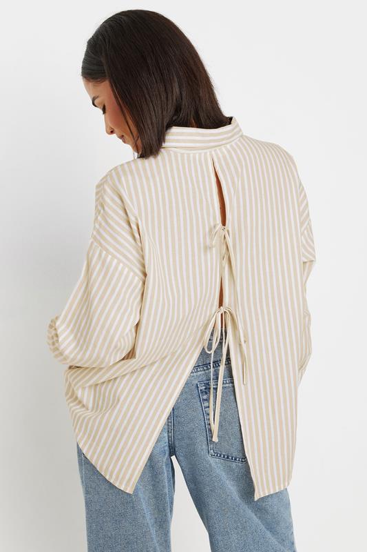 PixieGirl Petite Women's Stone Brown Stripe Tie Back Cotton Shirt | PixieGirl 4