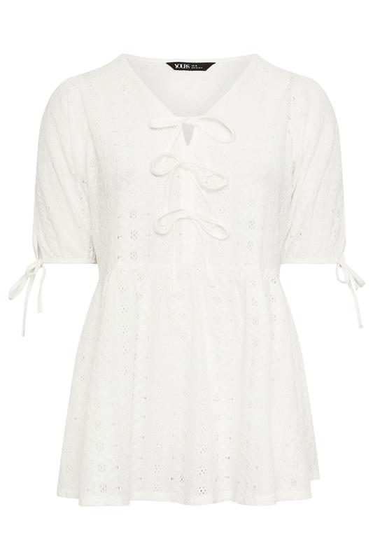 YOURS Plus Size White Broderie Anglaise Bow Tie Front Peplum Top | Yours Clothing 7