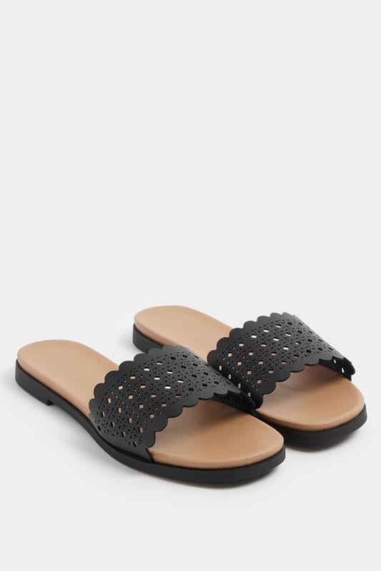  Yours Black Faux Leather Cut Out Mule Sandals In Wide E Fit