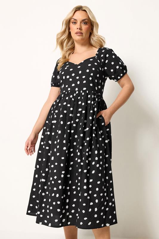 YOURS Curve Black Polka Dot Puff Sleeve Linen Dress