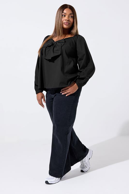 LIMITED COLLECTION Plus Size Black Bow Front Poplin Top | Yours Clothing 1