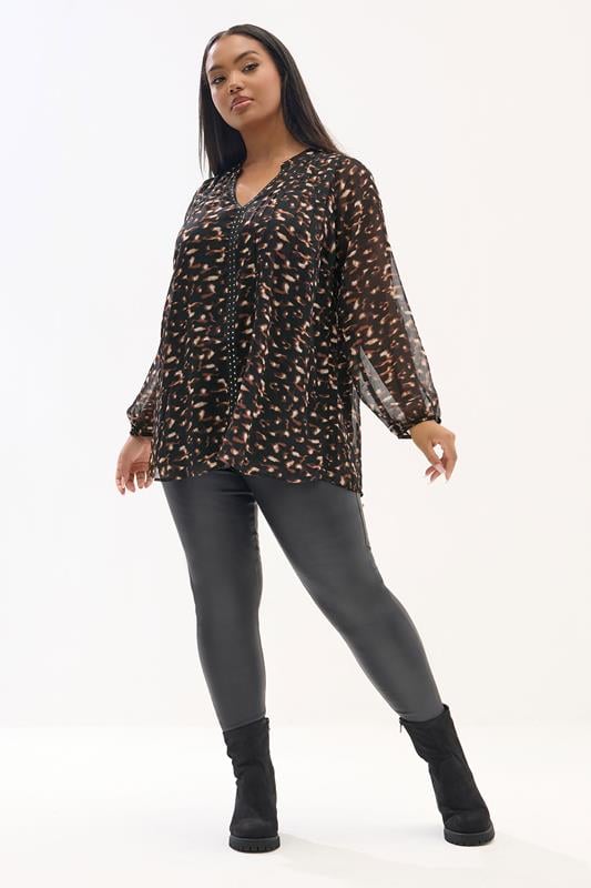 YOURS Plus Size Black & Brown Leopard Print Stud Detail Blouse | Yours Clothing 1