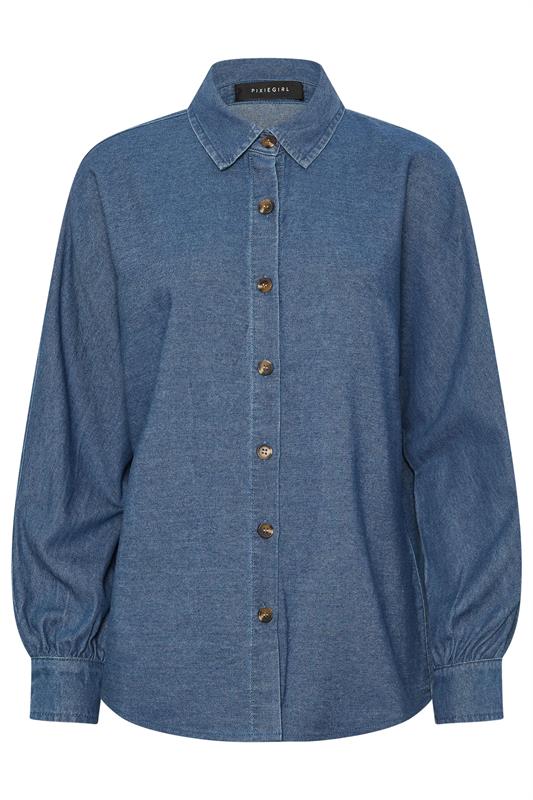 PixieGirl Petite Women's Mid Blue Oversized Denim Shirt | PixieGirl 7