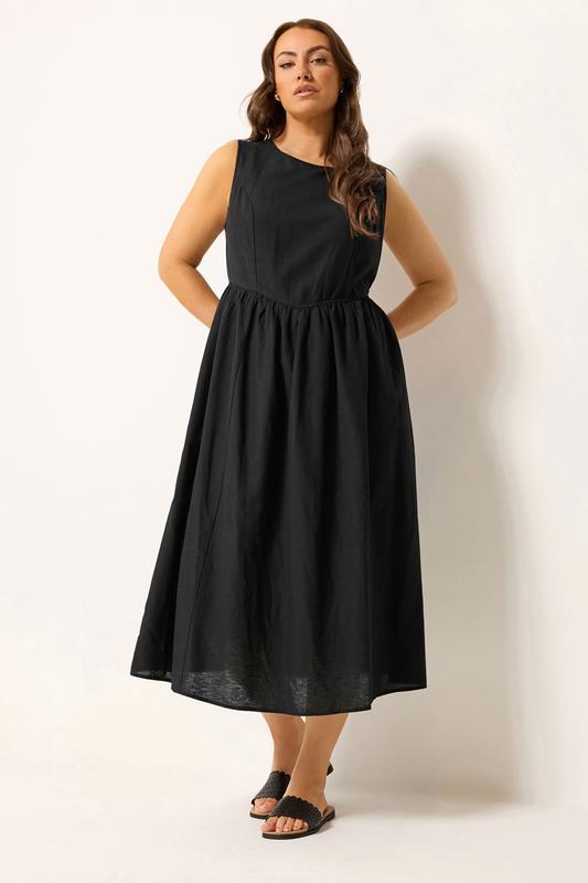 YOURS Plus Size Black Linen Midi Dress | Yours Clothing 1