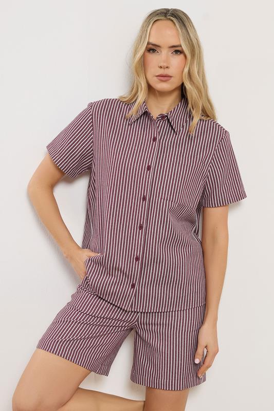 LTS Tall Set Burgundy Red Stripe Cotton Shirt & Shorts