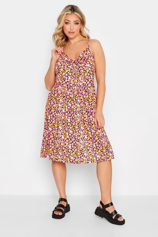 YOURS Plus Size Pink Floral Print Ring Front Midi Dress | Yours Clothing 1