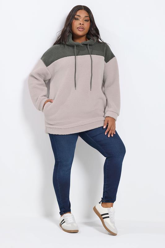 YOURS Plus Size Grey & Purple Colourblock Teddy Fleece Hoodie | Yours Clothing  1