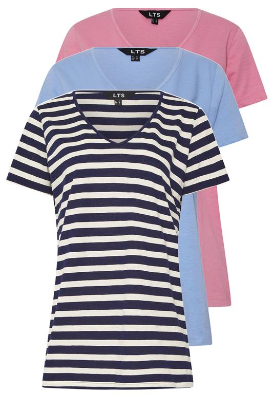 LTS Tall 3 PACK Blue & Pink Stripe Cotton V-Neck T-Shirts