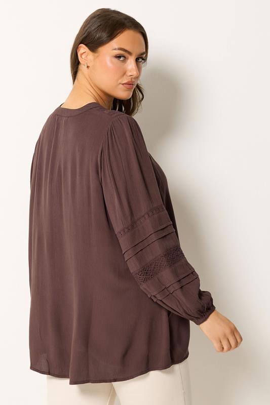 YOURS Plus Size Chocolate Brown Notch Neck Crochet Blouse | Yours Clothing  2