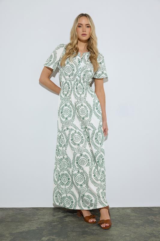  LTS Tall Green & White Leaf Print Linen Maxi Dress