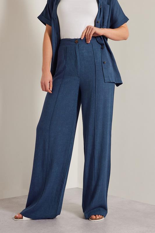 LTS Tall Navy Blue Linen Pleated Wide Leg Trousers | Long Tall Sally 4