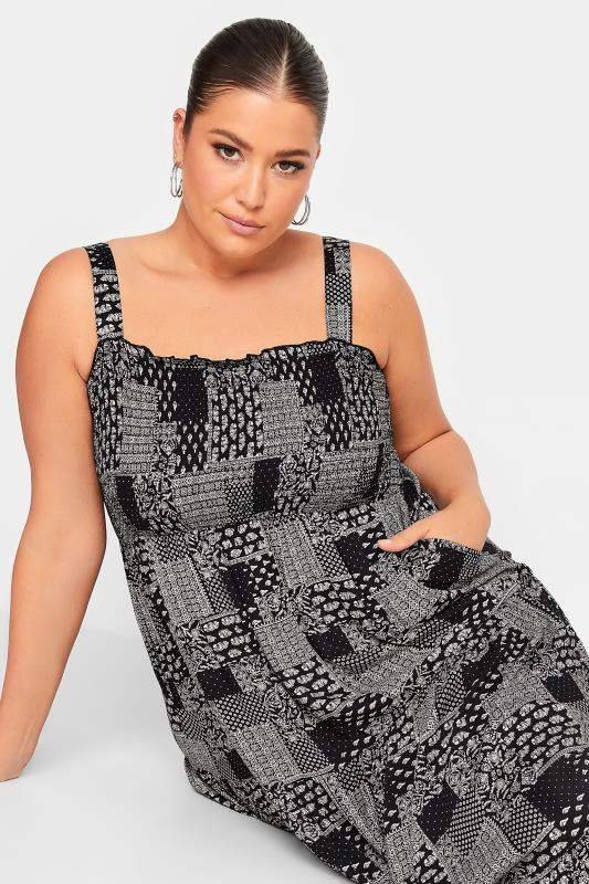 YOURS Plus Size Black Patchwork Print Shirred Strappy Sundress | Yours Clothing  4