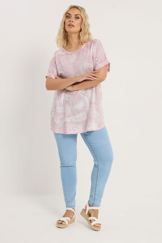 YOURS Plus Size Pink Palm Leaf Linen Boxy T-Shirt | Yours Clothing 2