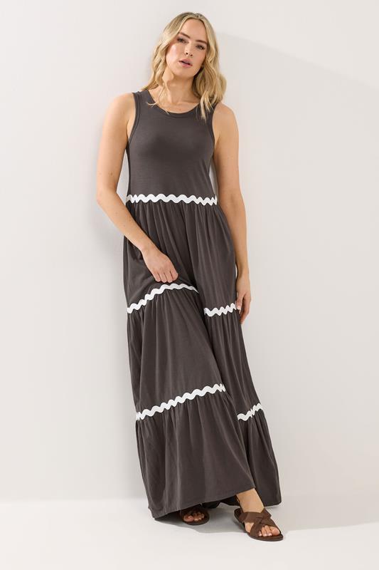 LTS Tall Women's Chocolate Brown Contrast Swirl Tiered Cotton Maxi Dress | Long Tall Sally 3
