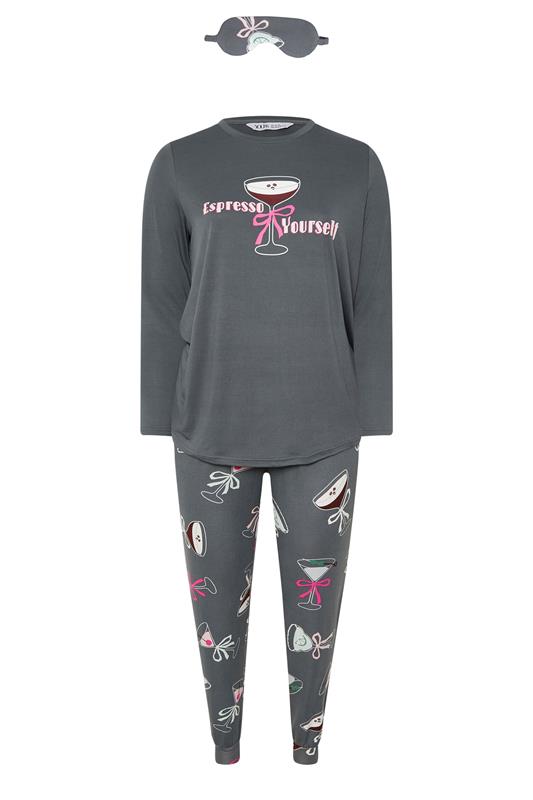 YOURS Plus Size Grey 'Espresso Yourself' Soft Touch Pyjama & Eye Mask Set | Yours Clothing 7