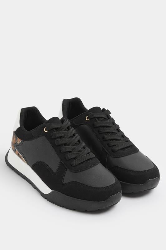  Yours Black Leopard Print Panelled Runner Trainers In Extra Wide EEE Fit