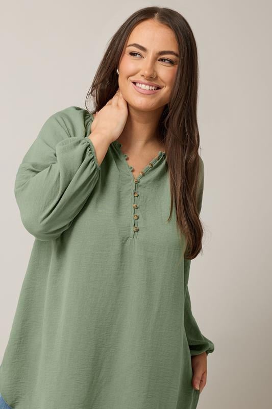EVANS Plus Size Khaki Green Button Front Long Sleeve Blouse | Evans 4