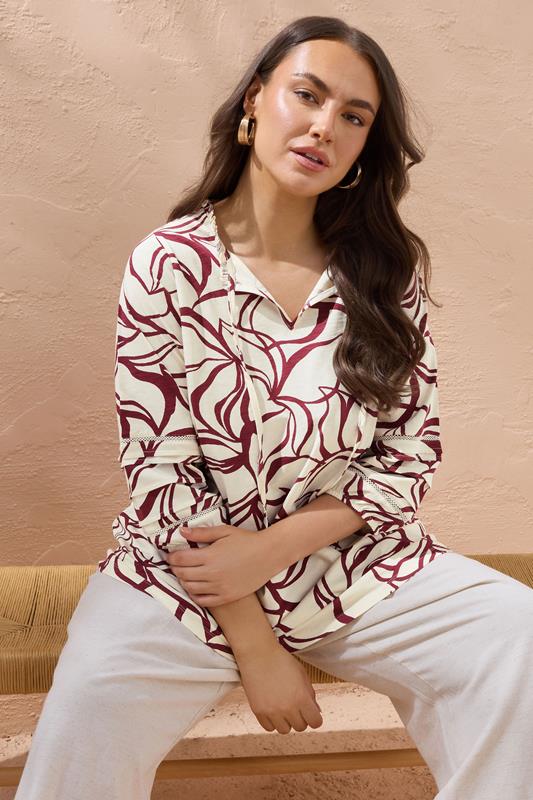  EVANS Curve Natural Brown Abstract Floral Cotton Top