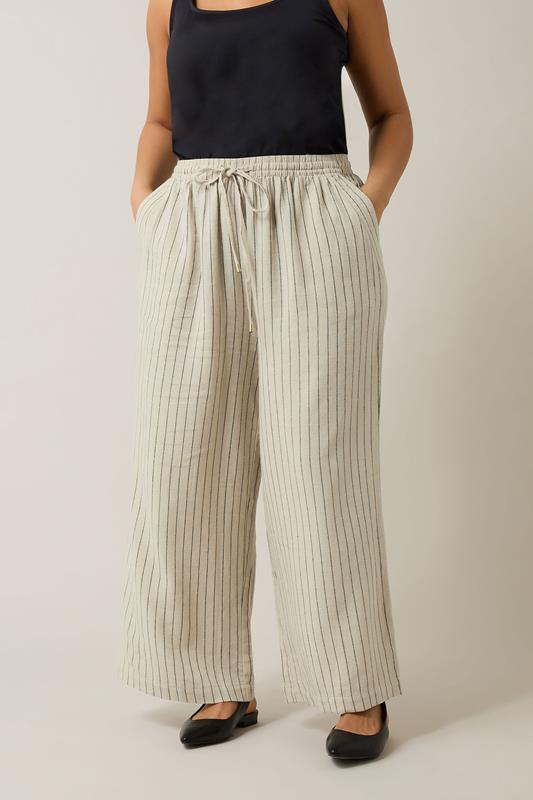 EVANS Plus Size Natural Brown Stripe Print Premium Linen Trousers | Evans 2