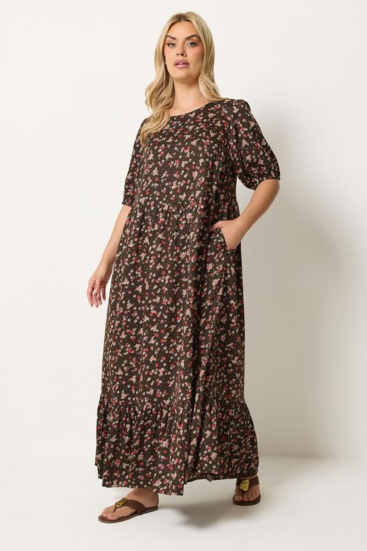 YOURS Plus Size Brown Ditsy Floral Smock Maxi Dress | Yours Clothing 1