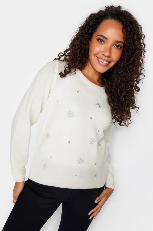Women's  M&Co Petite Ivory White Sequin Snowflake Christmas Jumper