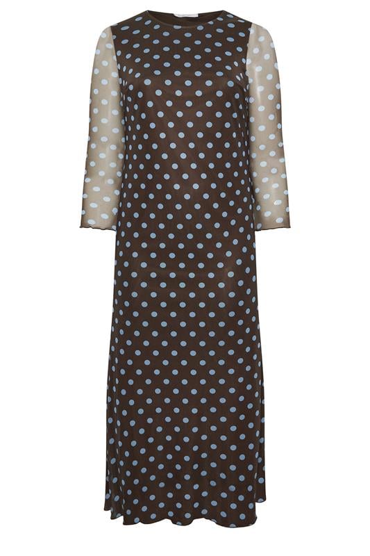 YOURS LONDON Plus Size Chocolate Brown & Blue Polka Dot Mesh Dress | Yours Clothing 5